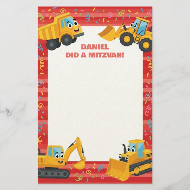Yellow Construction Trucks Customized Mitzvah Note Stationery (Front)