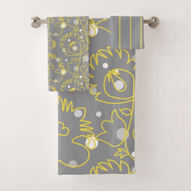 Yellow continuous lines on grey background bath towel set (Insitu)