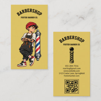 Yellow Cool Barber Mascot Hair Stylist QR Business Card