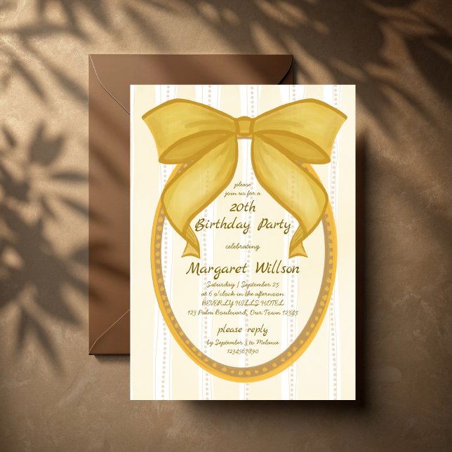 Yellow coquette retro stripes bow birthday party invitation (Yellow coquette retro stripes hand drawn preppy bow birthday party invitation cards template)