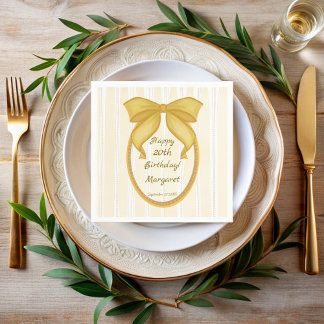 Yellow coquette retro stripes bow birthday party napkins