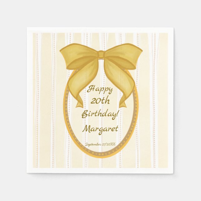 Yellow coquette retro stripes bow birthday party napkins (Front)