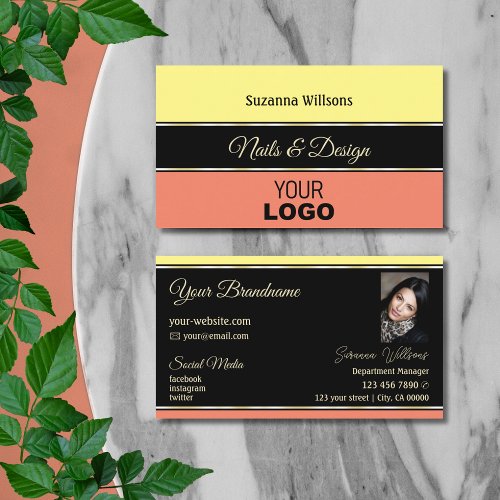 Yellow Coral Borders on Black with Logo and Photo Business Card