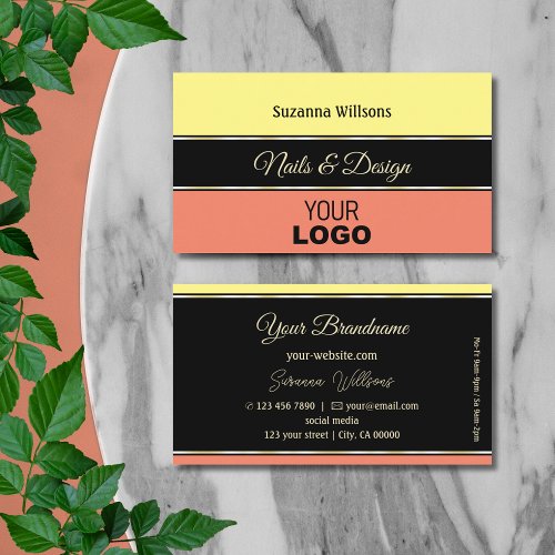 Yellow Coral Borders on Black with Logo Stylish Business Card