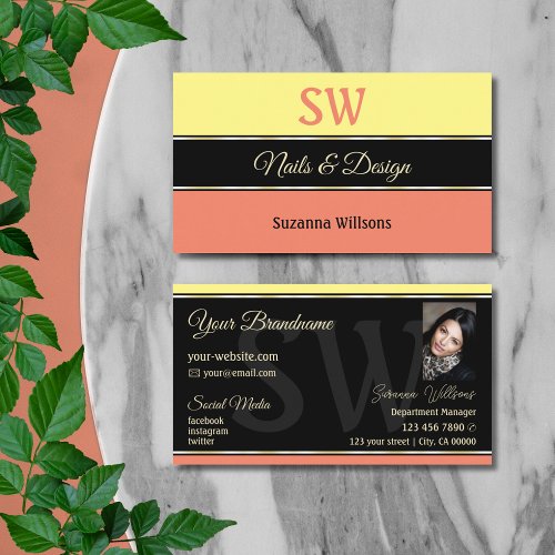 Yellow Coral Borders on Black with Monogram Photo Business Card