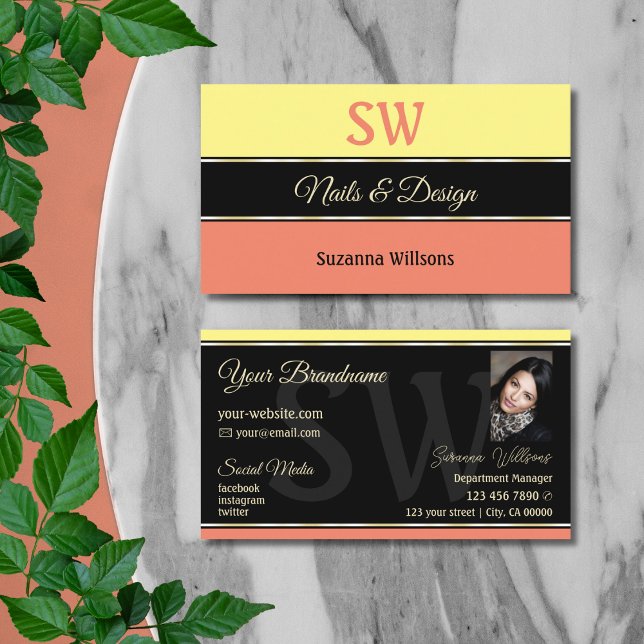 Yellow Coral Borders on Black with Monogram Photo Business Card (Creator Uploaded)