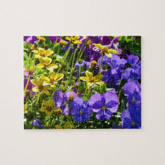 Yellow Coreopsis and Purple Violas Colorful Floral Jigsaw Puzzle