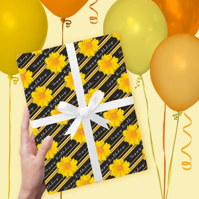 Yellow Coreopsis Flower Black Stripes Birthday Wrapping Paper Sheets (Creator Uploaded)