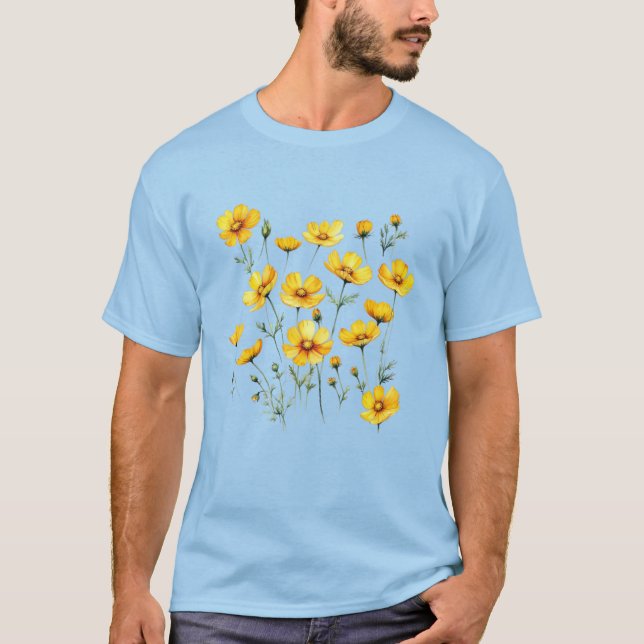 Yellow Cosmos Flower Written by Watercolor T-Shirt (Front)