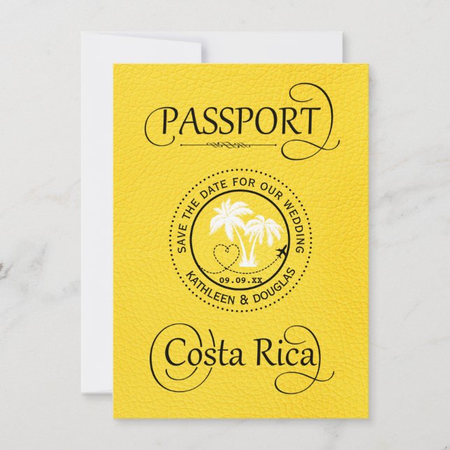 Yellow Costa Rica Passport Save the Date Card (Front)