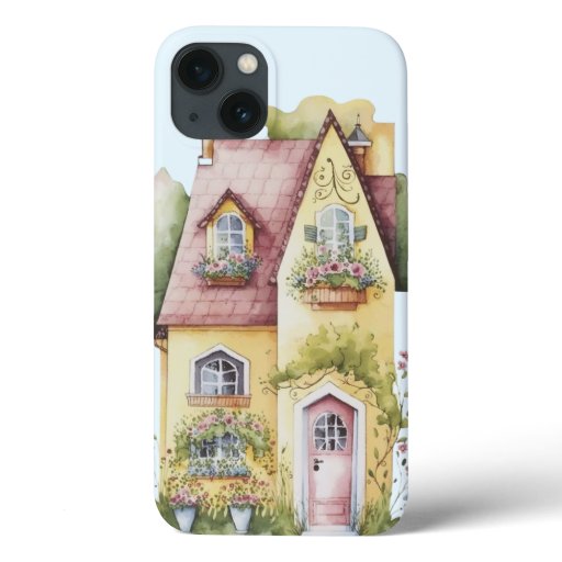 Yellow cottage red roof window boxes trees iPhone 13 case