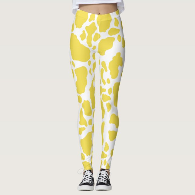Yellow Cow Spots Animal Print Pattern Leggings (Front)