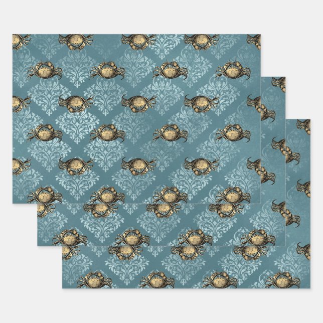 Yellow Crabs and Blue Damask Wrapping Paper Sheets (Set)