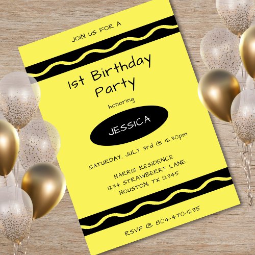 Yellow Crayon 1st Birthday Party Invitation