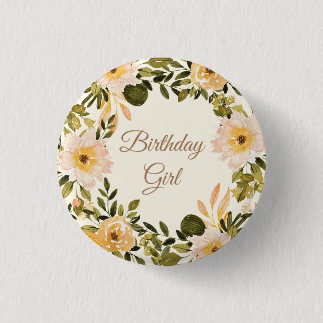 Yellow Cream Floral Birthday Girl  Button (Front)