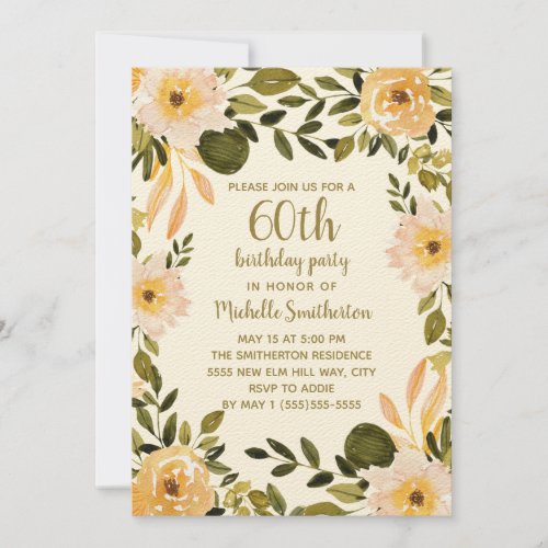 Yellow Cream Floral Greenery 60th Birthday Invitation