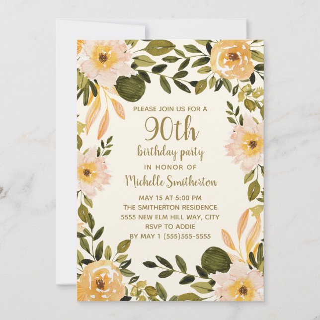 Yellow Cream Floral Greenery 90th Birthday Invitation (Front)
