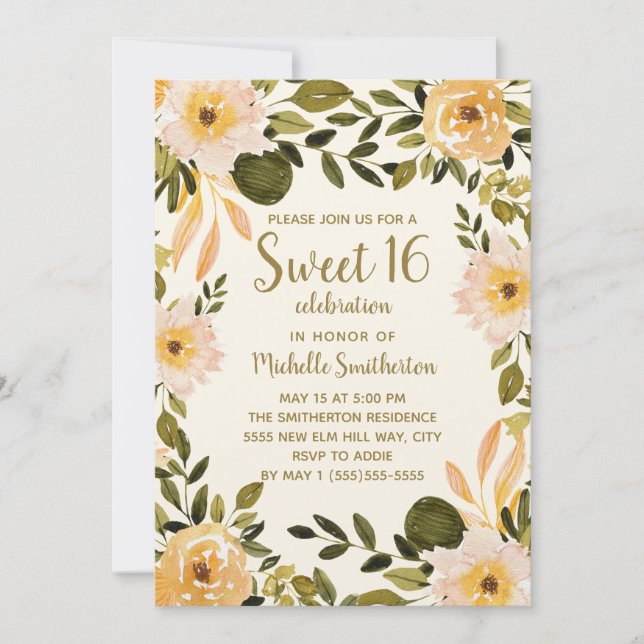 Yellow Cream Floral Greenery Sweet 16 Invitation (Front)
