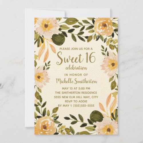 Yellow Cream Floral Greenery Sweet 16 Invitation