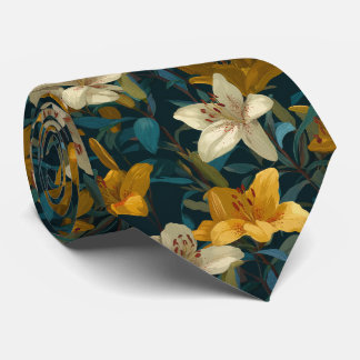 Yellow & Cream Lily Floral Pattern Neck Tie