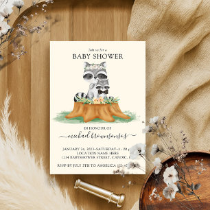Yellow Cream Raccoon Watercolor Mommy Baby Boy Invitation