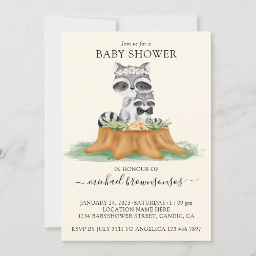 Yellow Cream Raccoon Watercolor Mommy Baby Boy Invitation