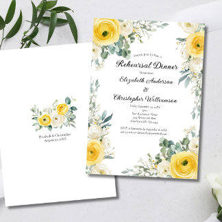 Yellow Cream Watercolor Florals Rehearsal Dinner Invitation