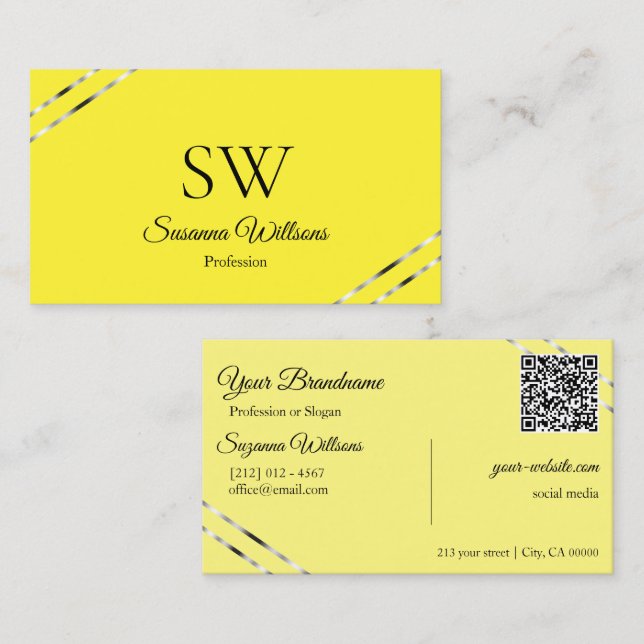 Yellow Cream with Silver Lines Monogram QR Code Business Card (Front/Back)