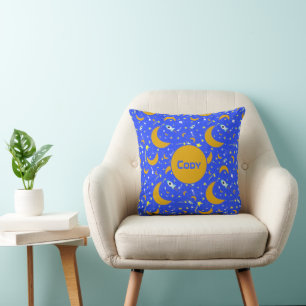Yellow Crescent Moons shooting Star Space Rockets Throw Pillow