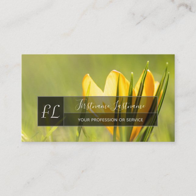 Yellow crocus blossom gray rectangle monogram business card (Front)