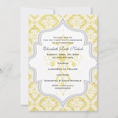 Yellow Cross white damask burlap First Communion Personalized Announcements