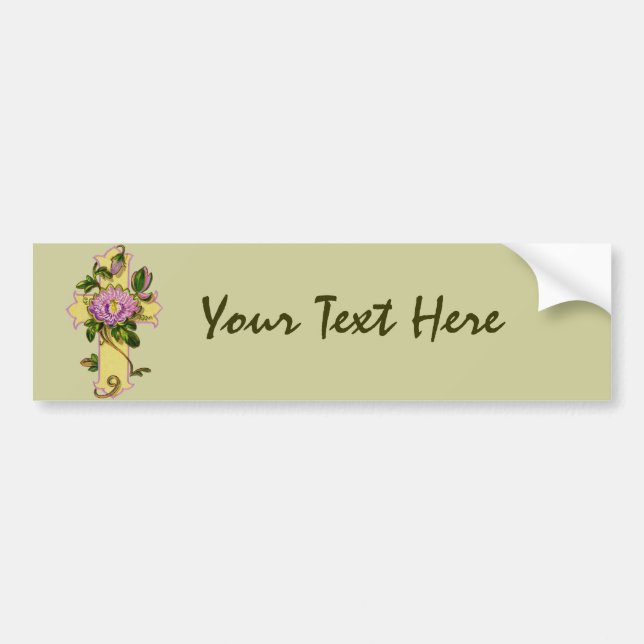 Yellow Cross With Pink Flower Bumper Sticker (Front)