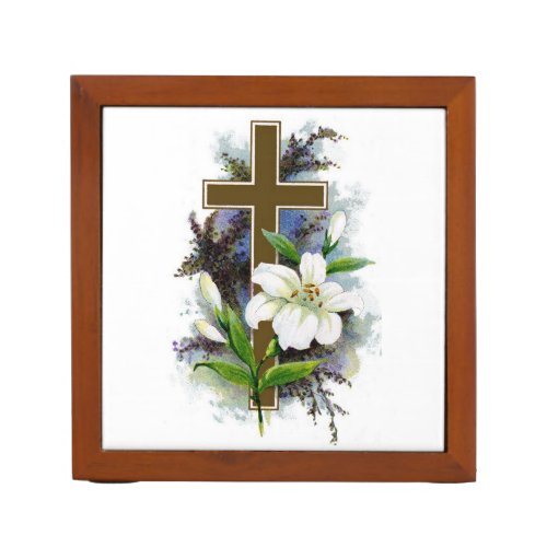 Yellow Cross with White Lilies Desk Organizer