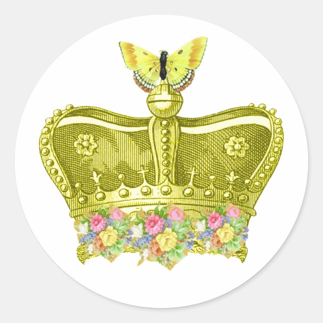 Yellow Crown with Butterfly Classic Round Sticker (Front)