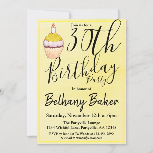 Yellow Cupcake Watercolor 30th Birthday Party Invitation