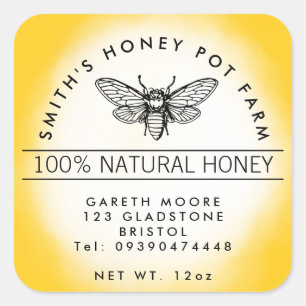 Yellow Custom Honey Jar Label with Bee