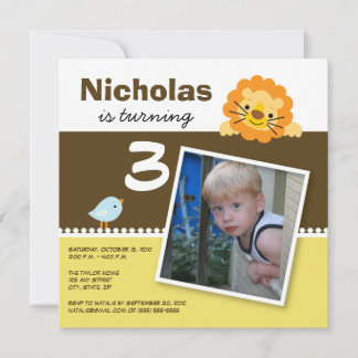 Yellow Custom Lion & Birdie Birthday Party Invite