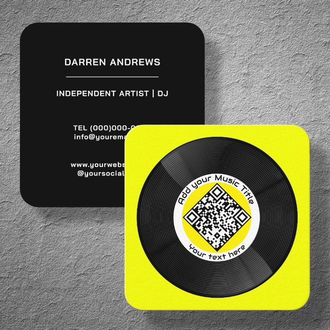 Yellow Customizable Music QR Code LP Vinyl |  Square Business Card (Creator Uploaded)