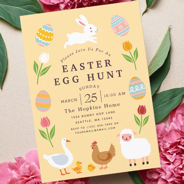 Yellow Cute Animals Floral Easter Egg Hunt Invitation (Creator Uploaded)
