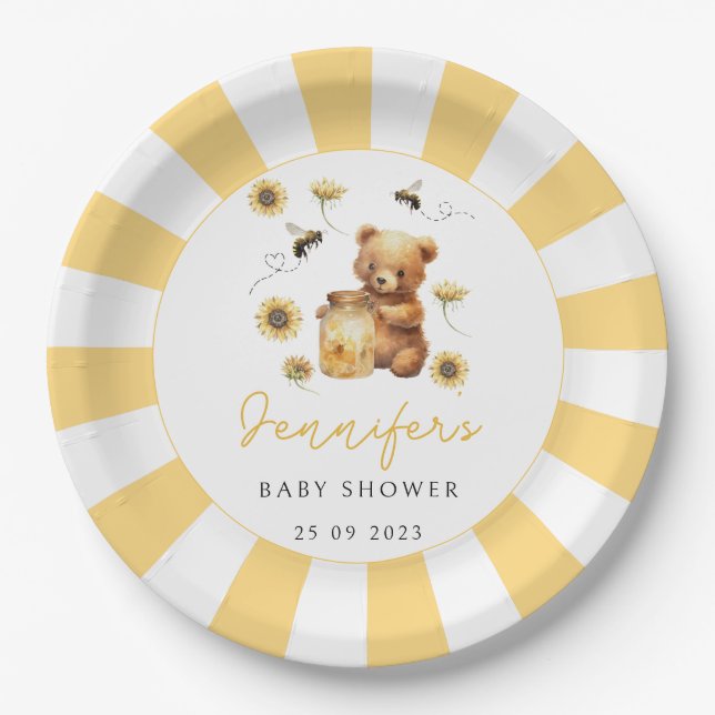 Yellow cute bear honey bee baby boy shower paper plates (Front)