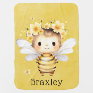 Yellow Cute Bee Florals Baby Shower Blanket