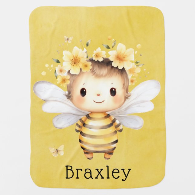 Yellow Cute Bee Florals Baby Shower Blanket (Front)