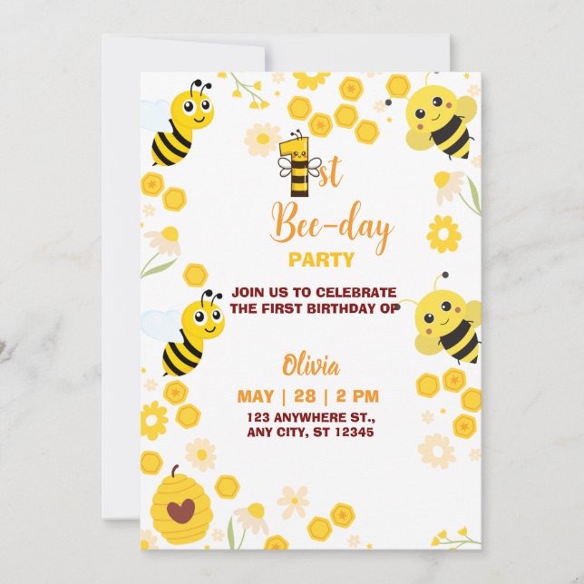 Yellow Cute Bee Kids Birthday Holiday Card (Front)