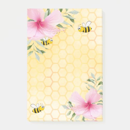 Yellow Cute bees pink tropical florals Post_it Notes