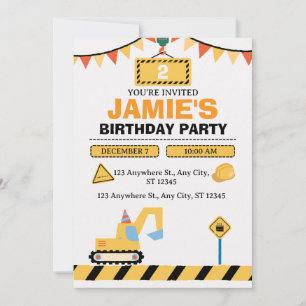 Yellow Cute Construction Truck Boys 2nd Birthday Invitation