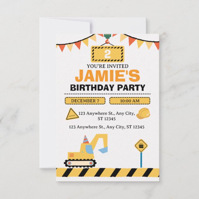 Yellow Cute Construction Truck Boys 2nd Birthday Thank You Card (Front)