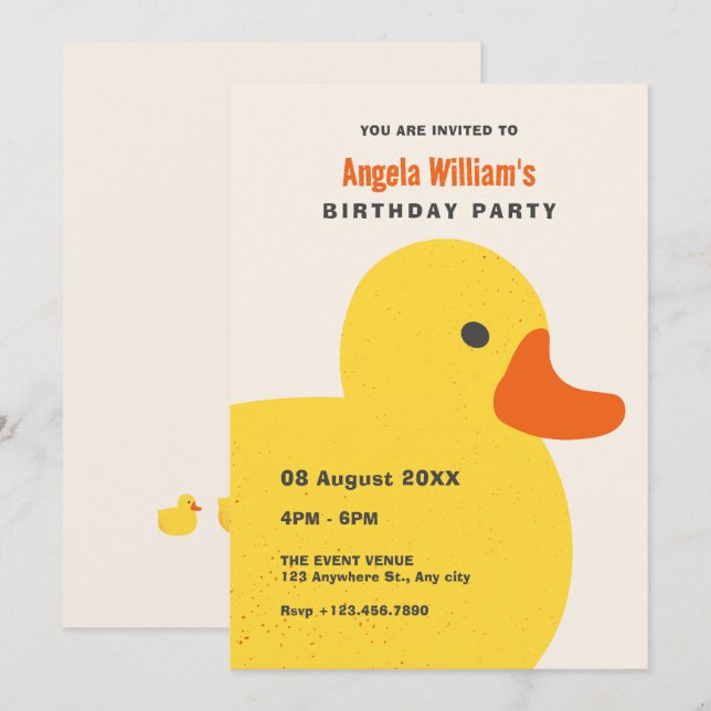 Yellow cute duck birthday invitation (Front/Back)