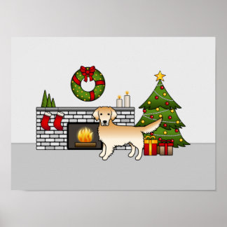 Yellow Cute Golden Retriever In A Christmas Room Poster