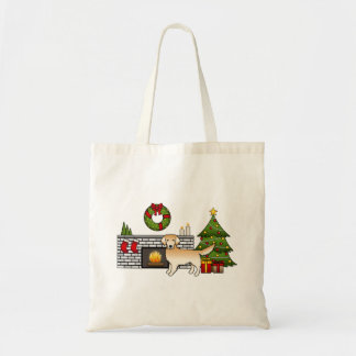 Yellow Cute Golden Retriever In A Christmas Room Tote Bag