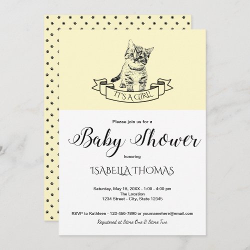 Yellow Cute Kitten Baby Shower Invitation